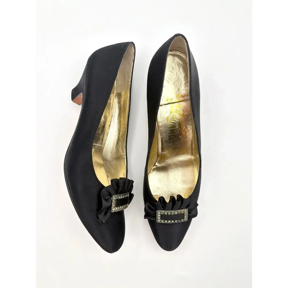 Salvatore Ferragamo 7.5 N 7.2 AA Black Satin Jewel Buckle Kitten Heels VTG READ